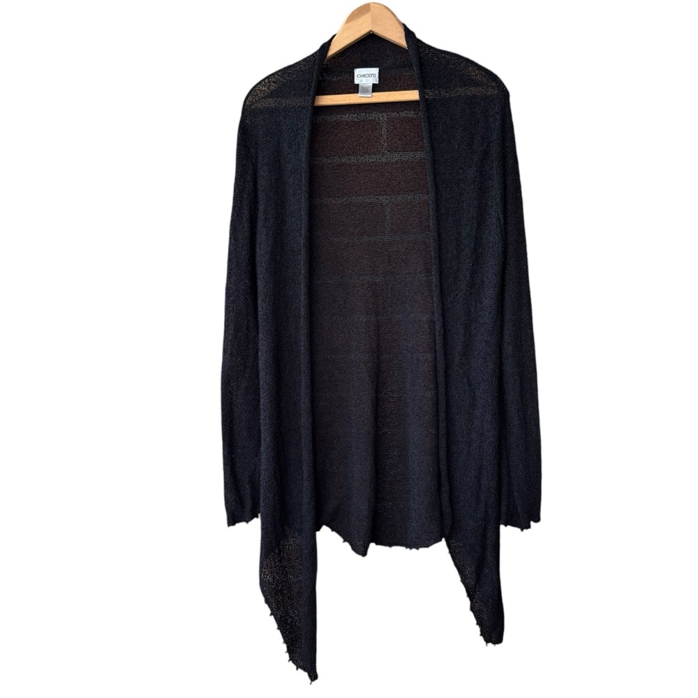 Chicos Size 2 Black Open Knit Cardigan Draped Hem Waterfall Style Womens M 12